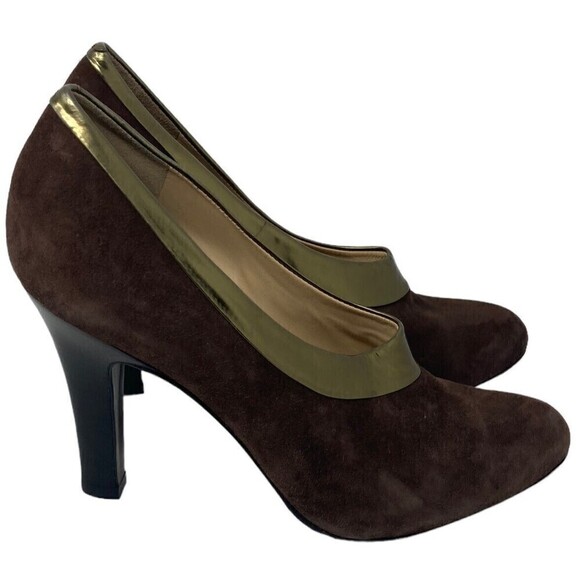 Cole Haan Brown Suede & Leather Gold Rim Heel Pump D30279 Size 9 B - Picture 1 of 8